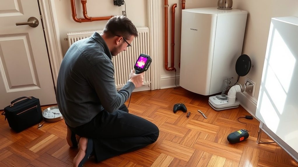 Engineer locating central heating leak using thermal imaging in Barnes