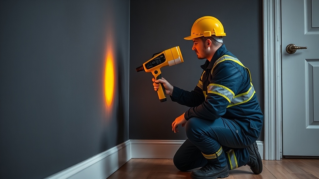 Engineer locating a hidden leak with a thermal imaging camera